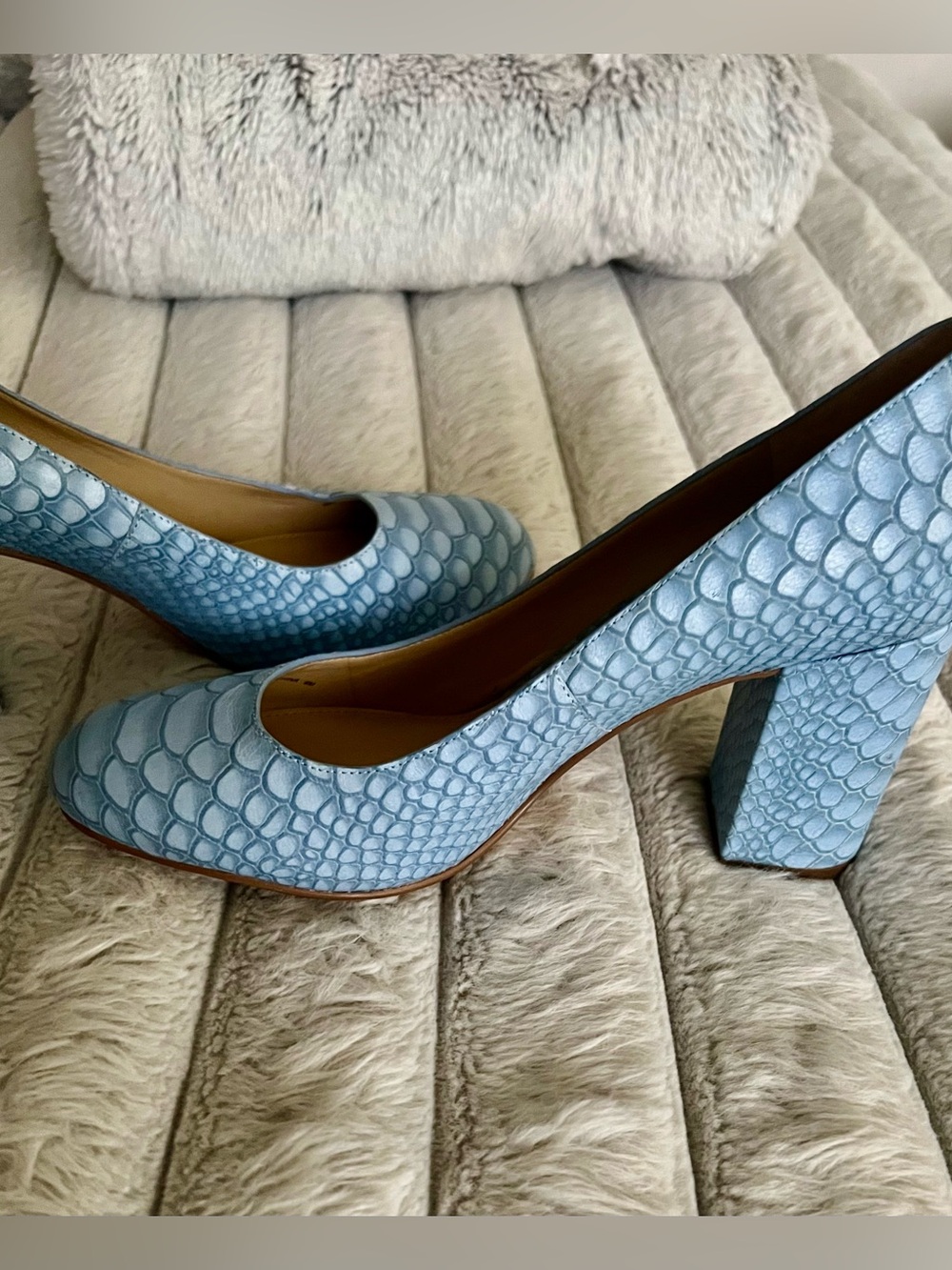 Michael Kors Light Blue Textured Block Heel Pumps